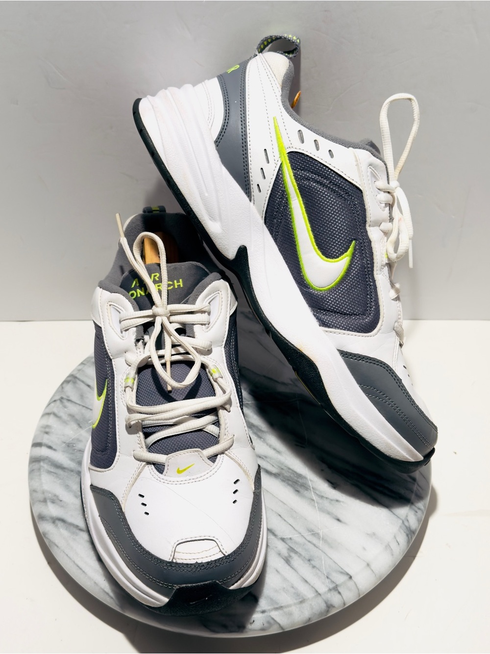 Nike Air Monarch IV White Gray Volt Training Shoes Men's Size 12 415445-100